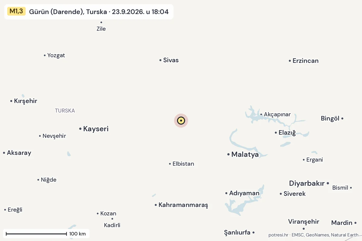 Karta: šire područje, 600 km, potres M1,3, Gürün (Darende), Turska, 23.9.2026.