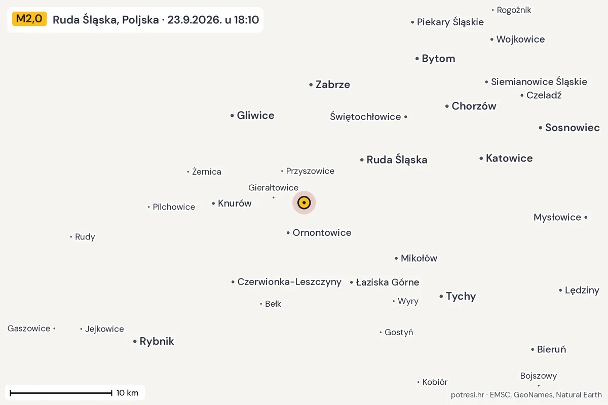 Karta: okolica epicentra, 60 km, potres M2,0, Ruda Śląska, Poljska, 23.9.2026.