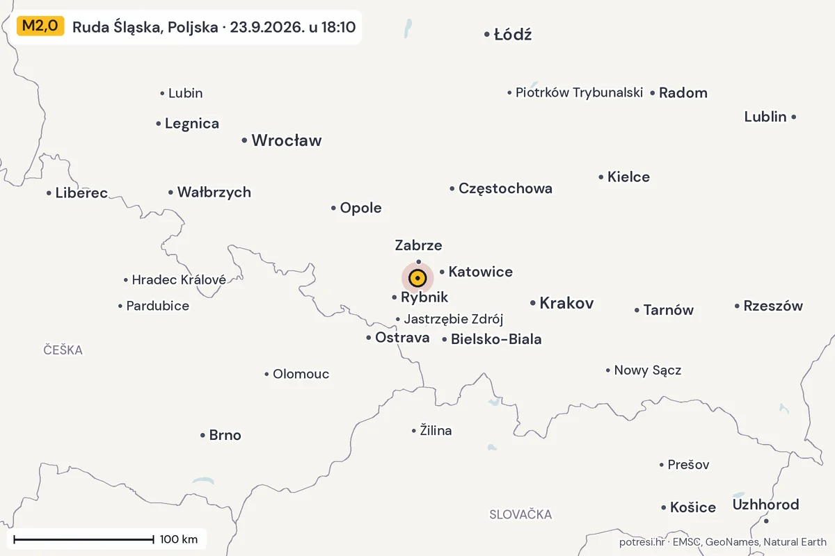 Karta: šire područje, 600 km, potres M2,0, Ruda Śląska, Poljska, 23.9.2026.