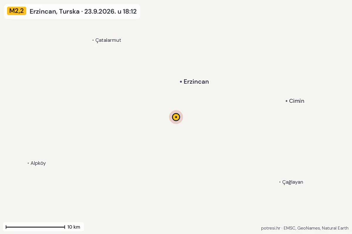 Karta: okolica epicentra, 60 km, potres M2,2, Erzincan, Turska, 23.9.2026.