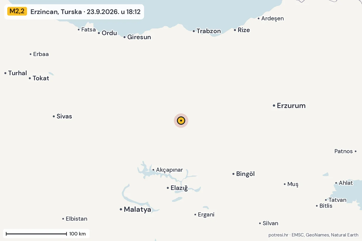 Karta: šire područje, 600 km, potres M2,2, Erzincan, Turska, 23.9.2026.
