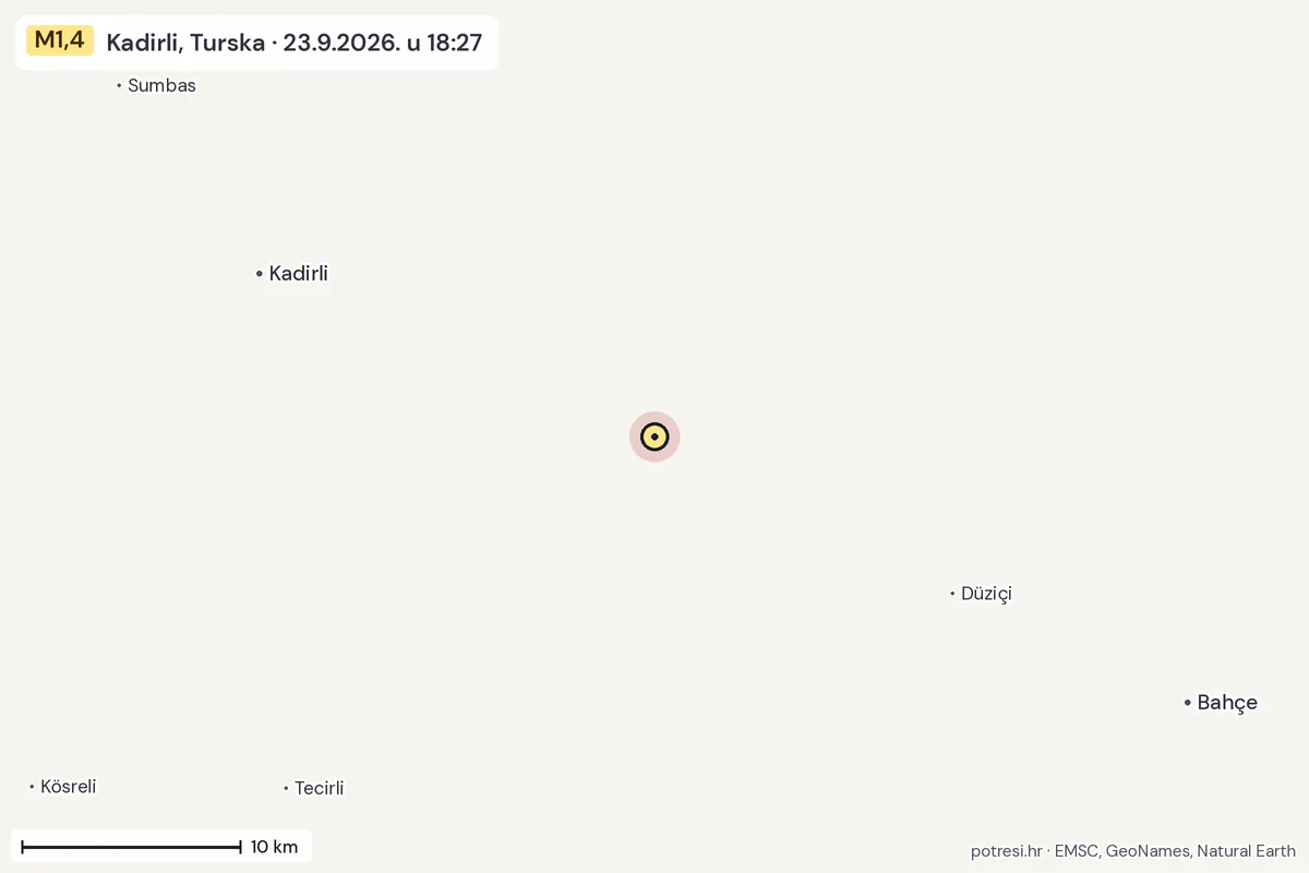 Karta: okolica epicentra, 60 km, potres M1,4, Kadirli, Turska, 23.9.2026.
