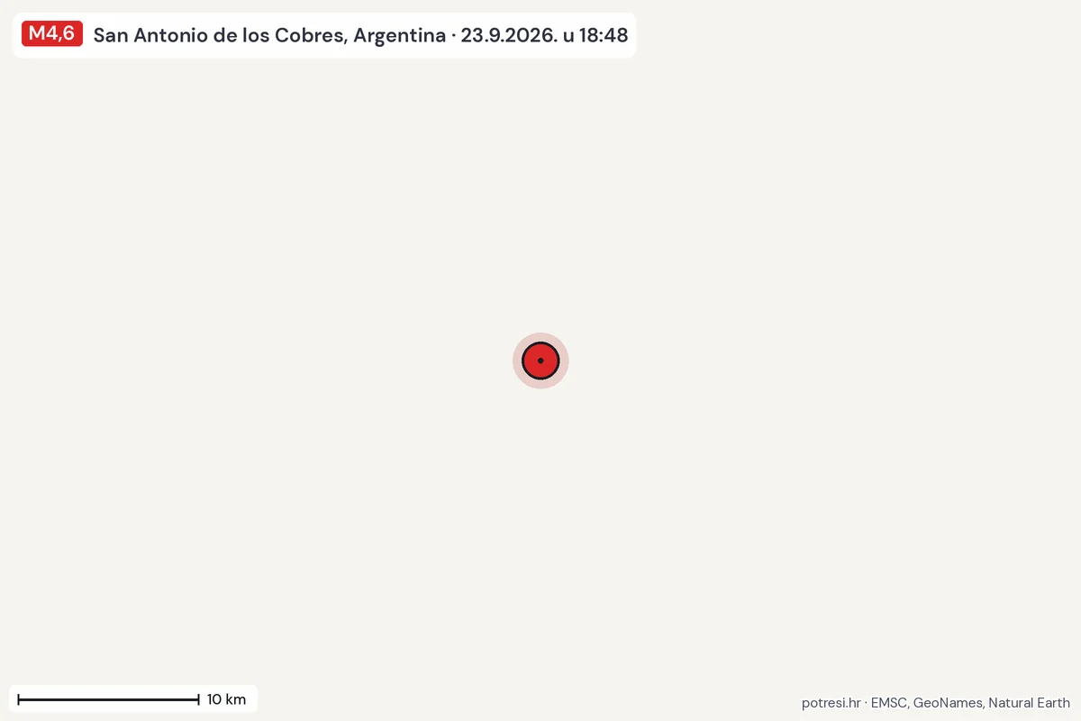 Karta: okolica epicentra, 60 km, potres M4,6, San Antonio de los Cobres, Argentina, 23.9.2026.
