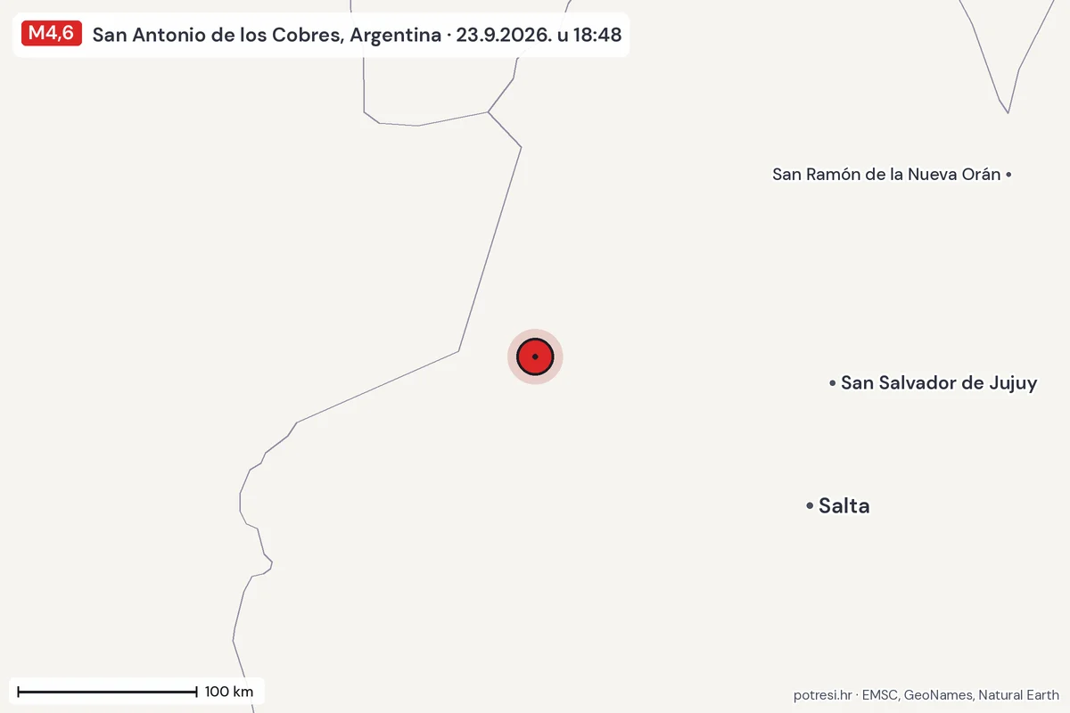 Karta: šire područje, 600 km, potres M4,6, San Antonio de los Cobres, Argentina, 23.9.2026.