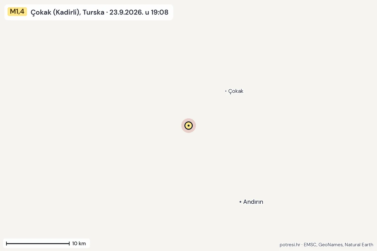 Karta: okolica epicentra, 60 km, potres M1,4, Çokak (Kadirli), Turska, 23.9.2026.