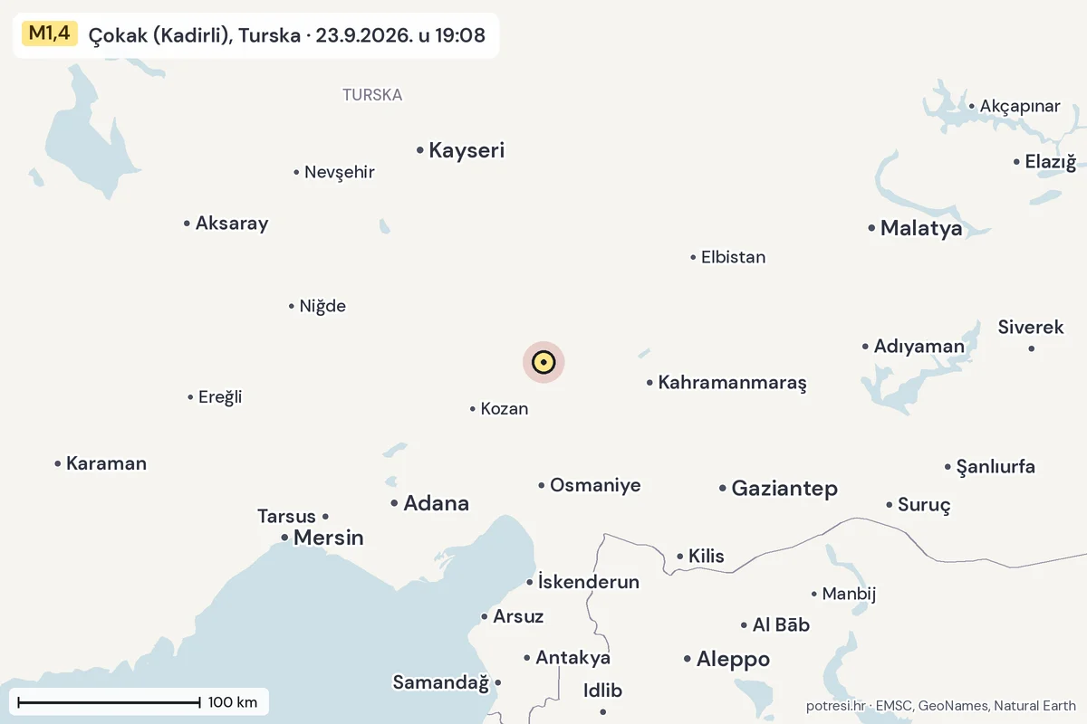 Karta: šire područje, 600 km, potres M1,4, Çokak (Kadirli), Turska, 23.9.2026.
