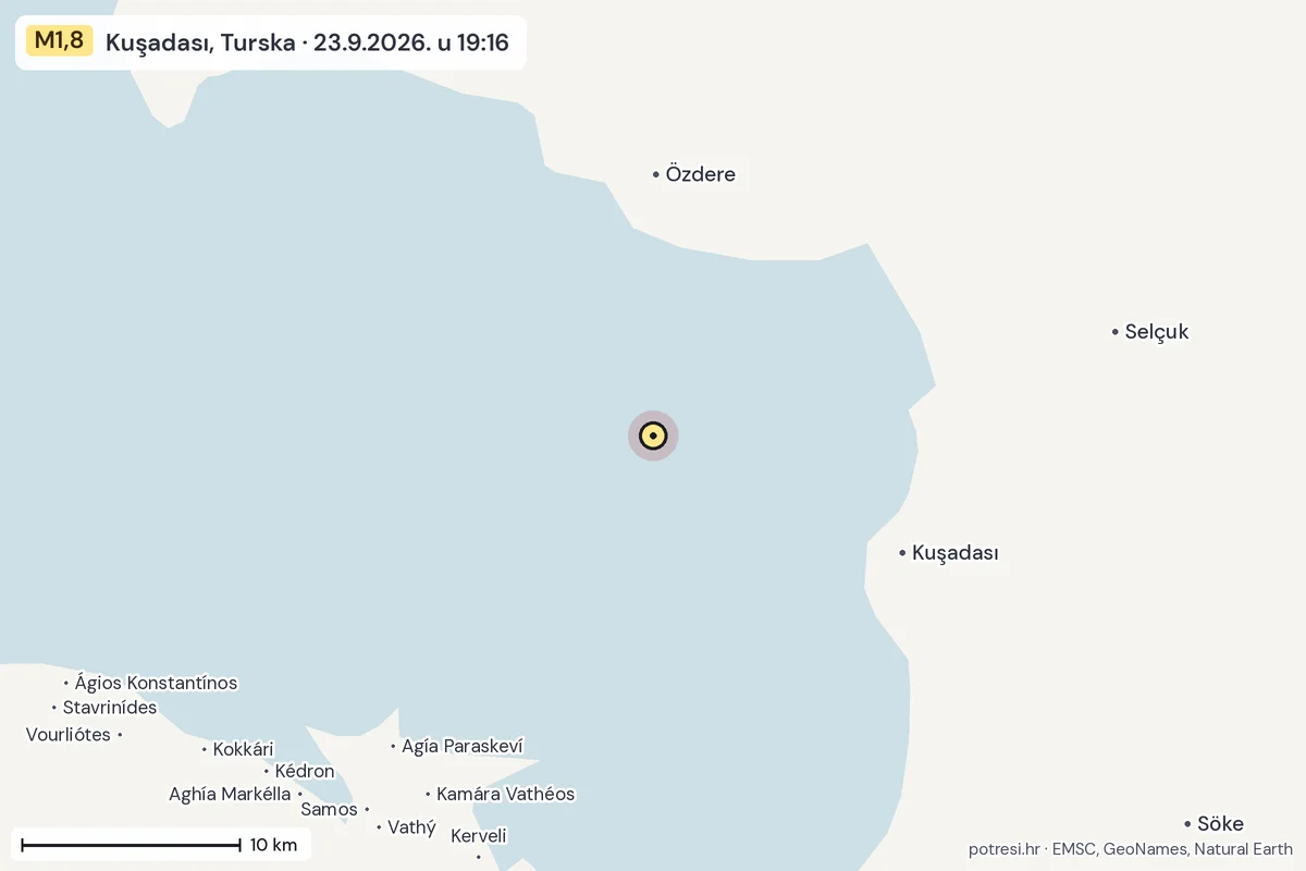 Karta: okolica epicentra, 60 km, potres M1,8, Kuşadası, Turska, 23.9.2026.