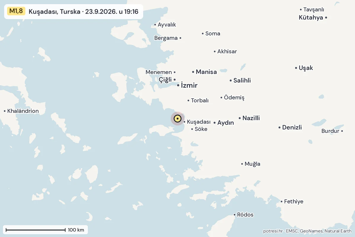 Karta: šire područje, 600 km, potres M1,8, Kuşadası, Turska, 23.9.2026.