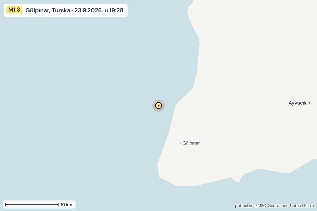 Karta: okolica epicentra, 60 km, potres M1,3, Gülpınar, Turska, 23.9.2026.