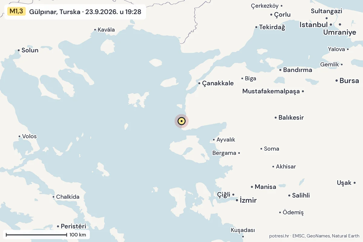 Karta: šire područje, 600 km, potres M1,3, Gülpınar, Turska, 23.9.2026.