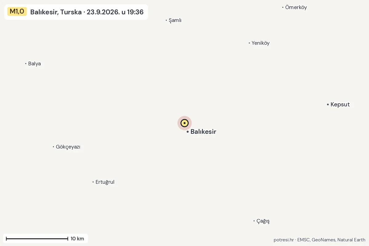 Karta: okolica epicentra, 60 km, potres M1,0, Balıkesir, Turska, 23.9.2026.