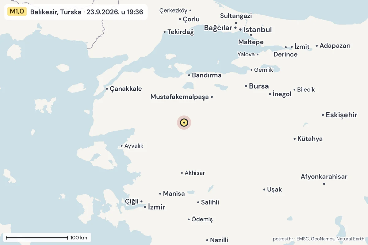 Karta: šire područje, 600 km, potres M1,0, Balıkesir, Turska, 23.9.2026.