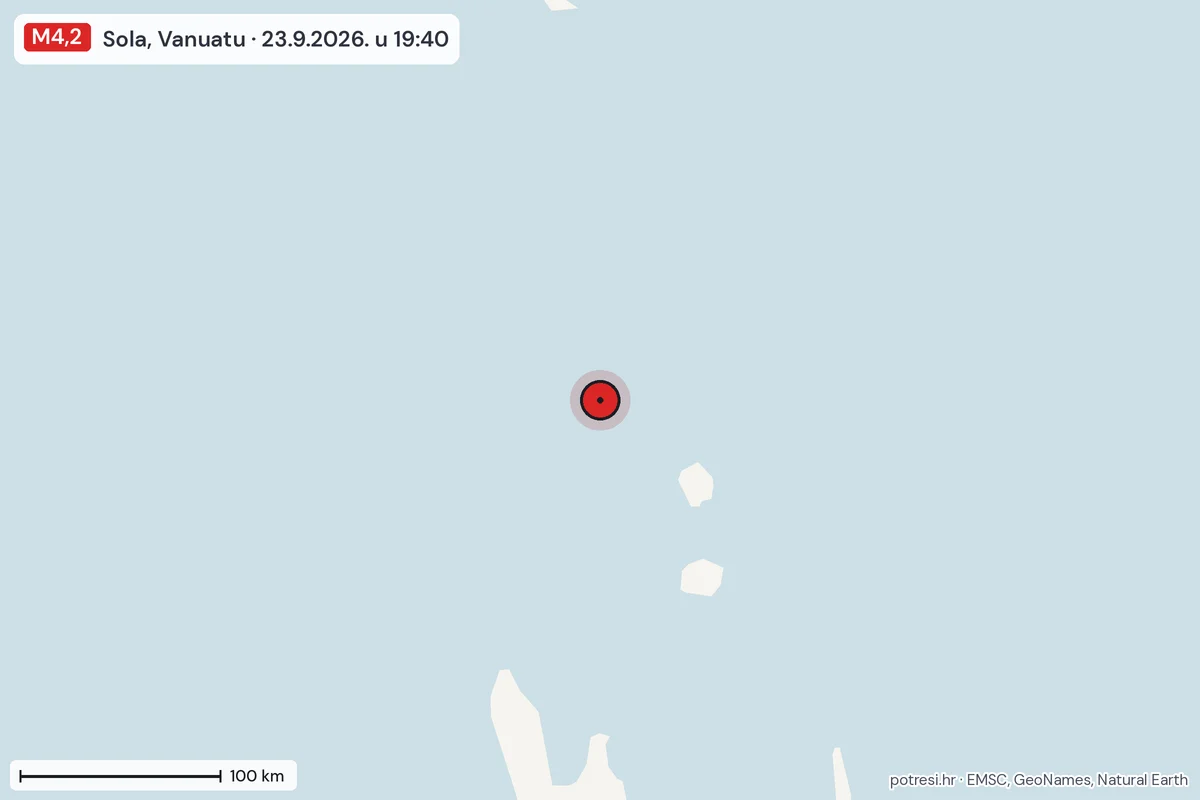 Karta: šire područje, 600 km, potres M4,2, Sola, Vanuatu, 23.9.2026.