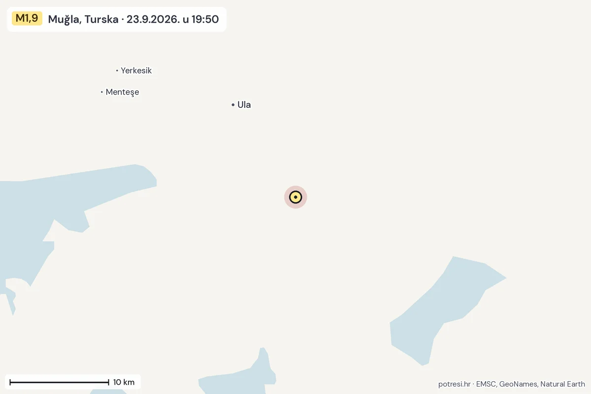 Karta: okolica epicentra, 60 km, potres M1,9, Muğla, Turska, 23.9.2026.