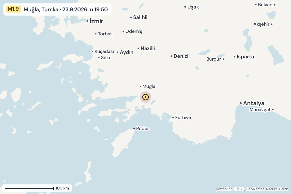 Karta: šire područje, 600 km, potres M1,9, Muğla, Turska, 23.9.2026.