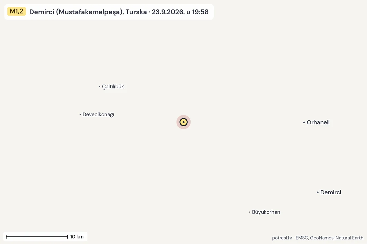 Karta: okolica epicentra, 60 km, potres M1,2, Demirci (Mustafakemalpaşa), Turska, 23.9.2026.