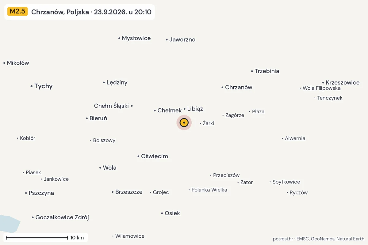 Karta: okolica epicentra, 60 km, potres M2,5, Chrzanów, Poljska, 23.9.2026.