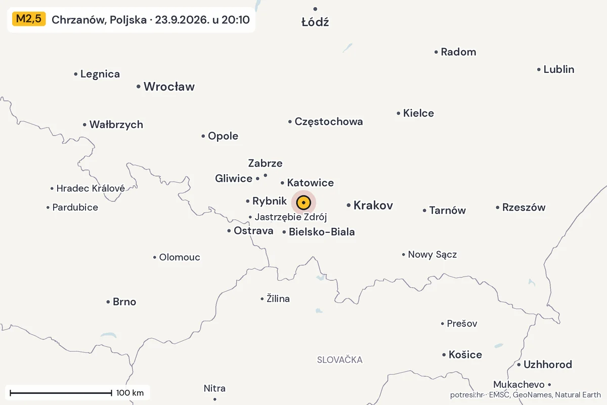 Karta: šire područje, 600 km, potres M2,5, Chrzanów, Poljska, 23.9.2026.