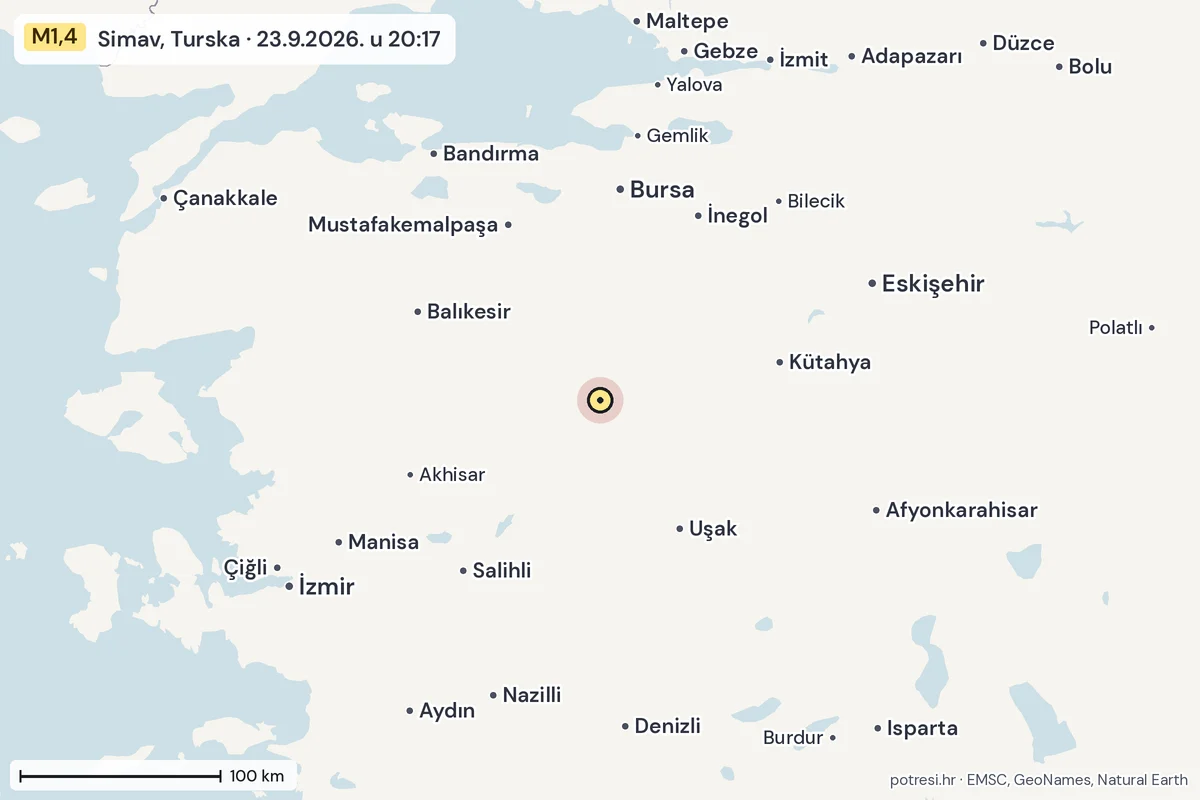 Karta: šire područje, 600 km, potres M1,4, Simav, Turska, 23.9.2026.