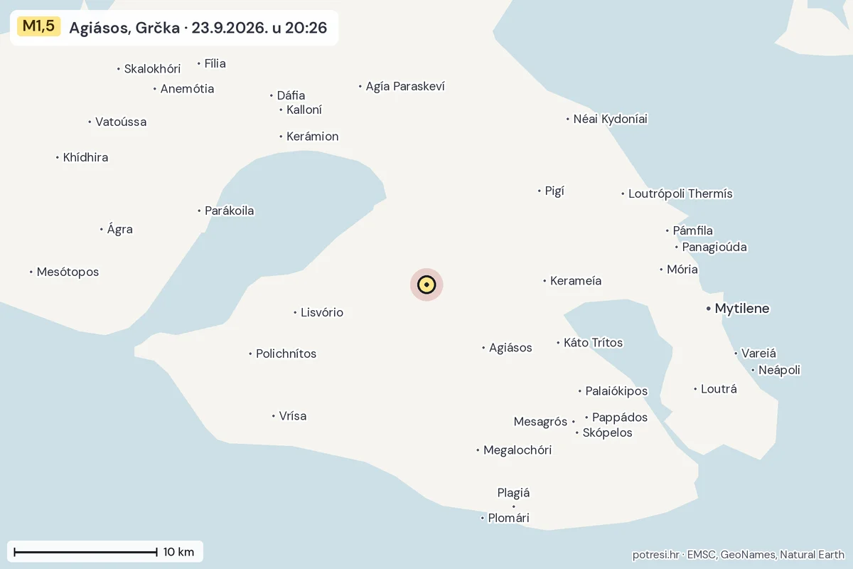 Karta: okolica epicentra, 60 km, potres M1,5, Agiásos, Grčka, 23.9.2026.