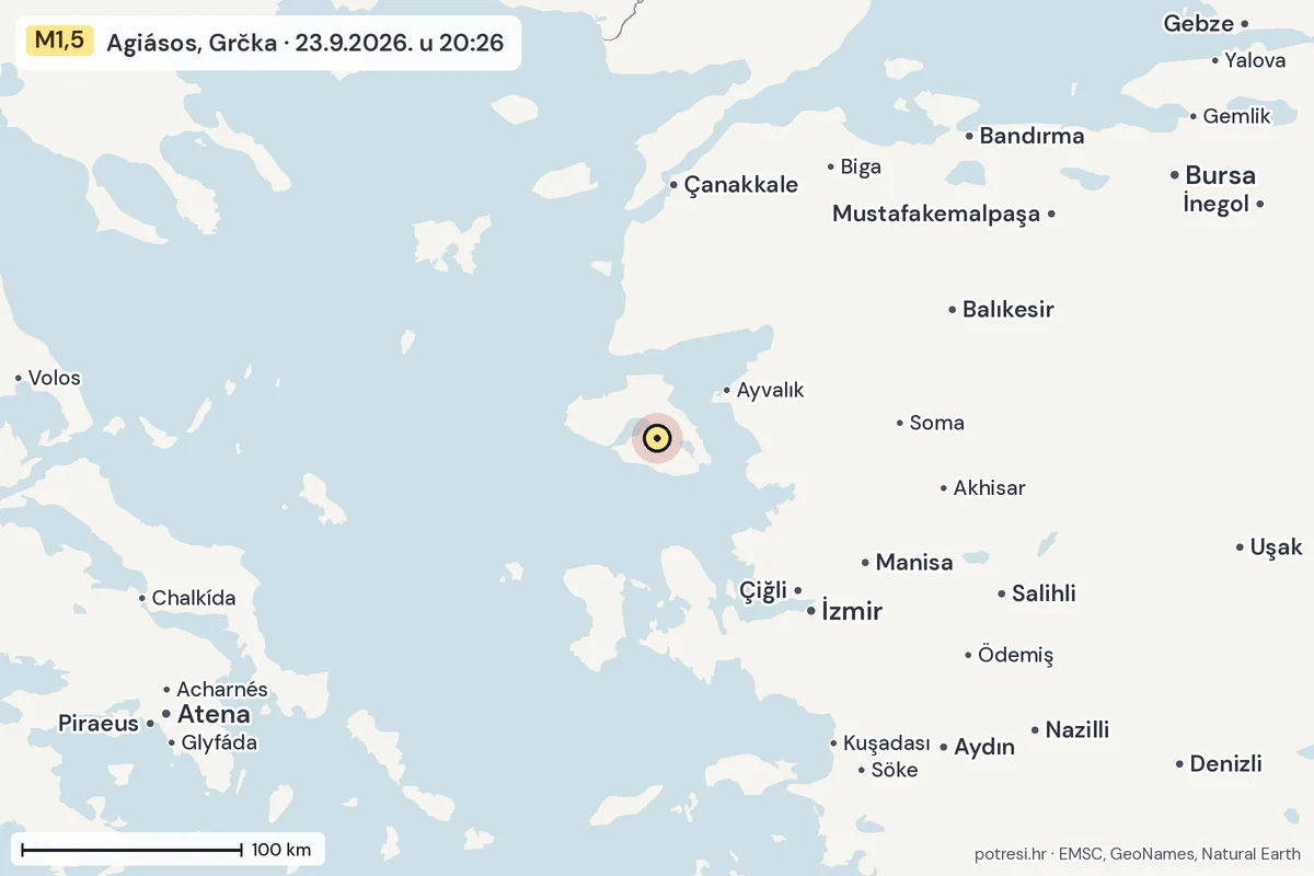 Karta: šire područje, 600 km, potres M1,5, Agiásos, Grčka, 23.9.2026.