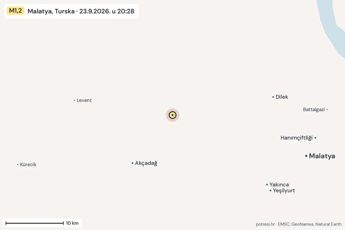 Karta: okolica epicentra, 60 km, potres M1,2, Malatya, Turska, 23.9.2026.