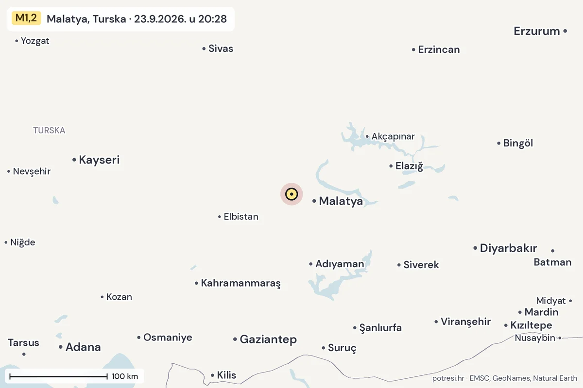 Karta: šire područje, 600 km, potres M1,2, Malatya, Turska, 23.9.2026.