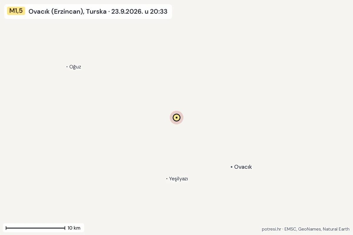 Karta: okolica epicentra, 60 km, potres M1,5, Ovacık (Erzincan), Turska, 23.9.2026.