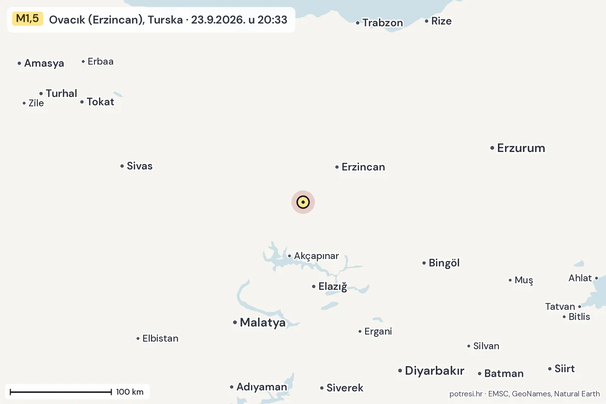 Karta: šire područje, 600 km, potres M1,5, Ovacık (Erzincan), Turska, 23.9.2026.