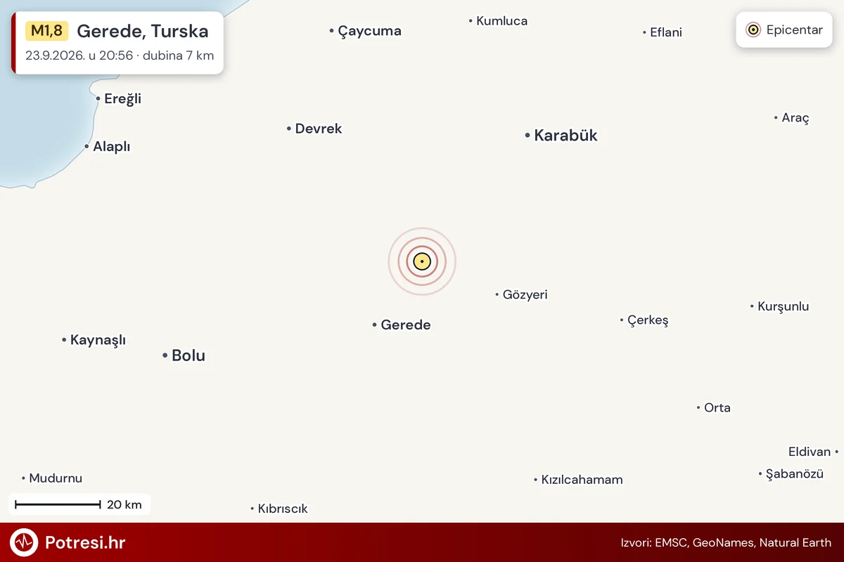 Karta: šire područje i vjerojatni doseg osjeta, potres M1,8, Gerede, Turska, 23.9.2026.