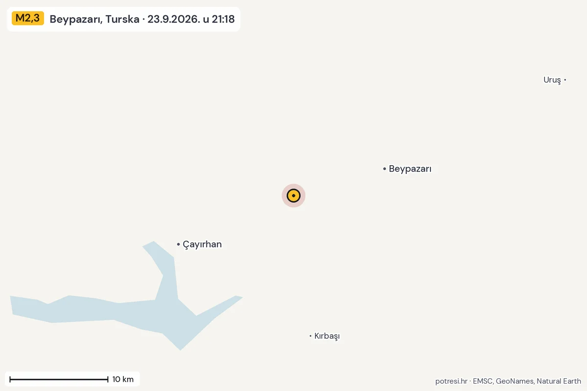 Karta: okolica epicentra, 60 km, potres M2,3, Beypazarı, Turska, 23.9.2026.