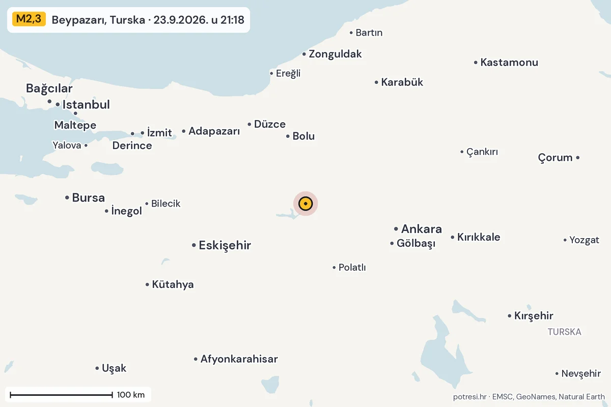 Karta: šire područje, 600 km, potres M2,3, Beypazarı, Turska, 23.9.2026.