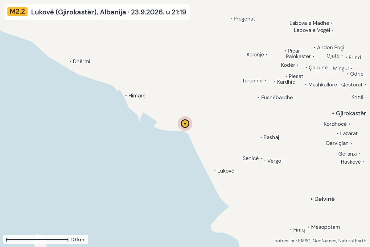 Karta: okolica epicentra, 60 km, potres M2,2, Lukovë (Gjirokastër), Albanija, 23.9.2026.