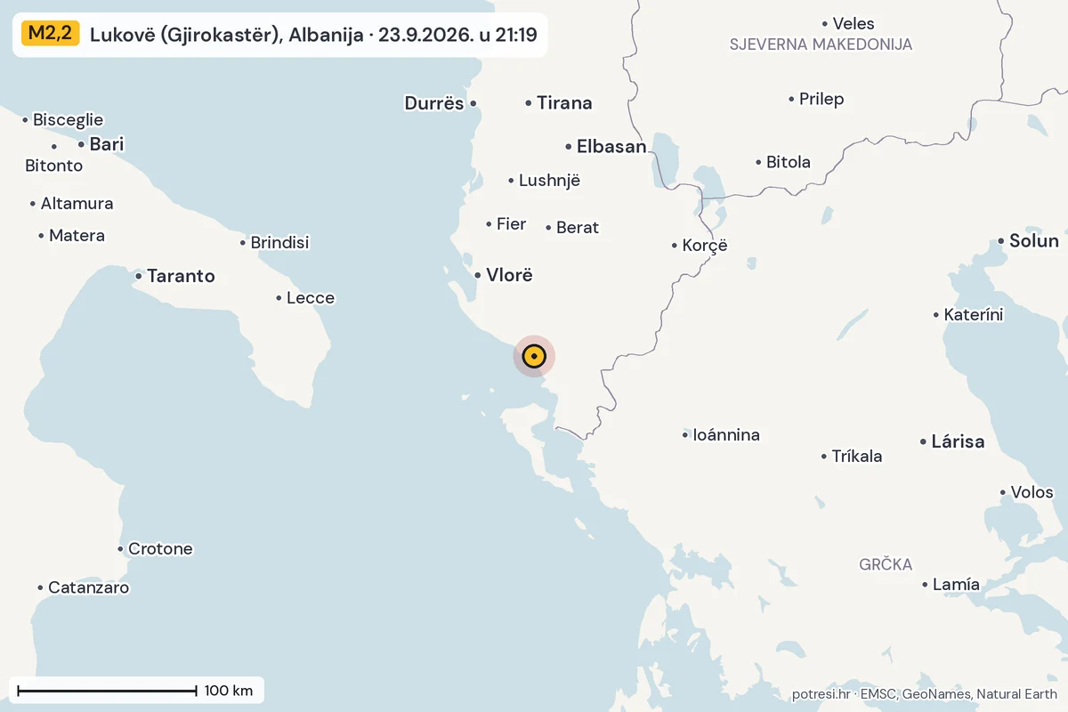 Karta: šire područje, 600 km, potres M2,2, Lukovë (Gjirokastër), Albanija, 23.9.2026.