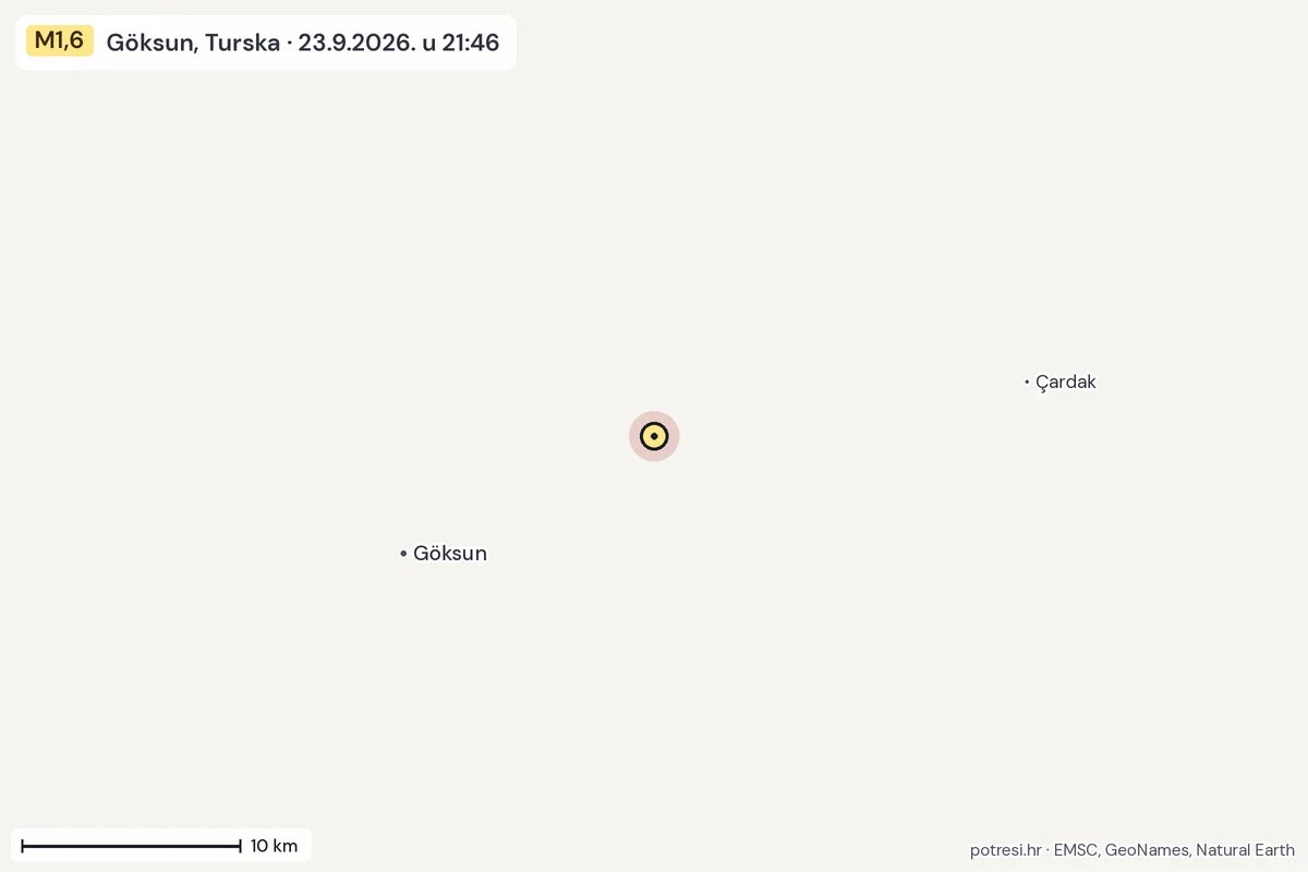 Karta: okolica epicentra, 60 km, potres M1,6, Göksun, Turska, 23.9.2026.
