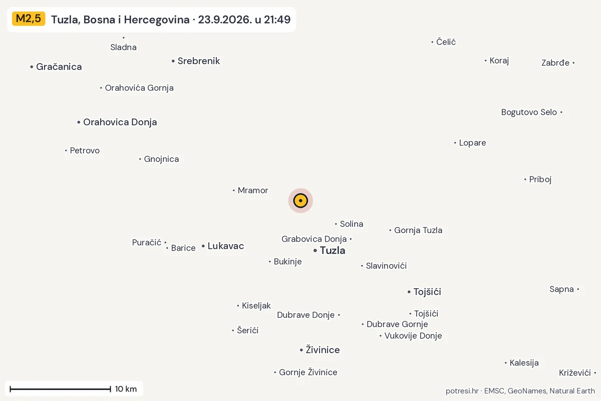 Karta: okolica epicentra, 60 km, potres M2,5, Tuzla, Bosna i Hercegovina, 23.9.2026.