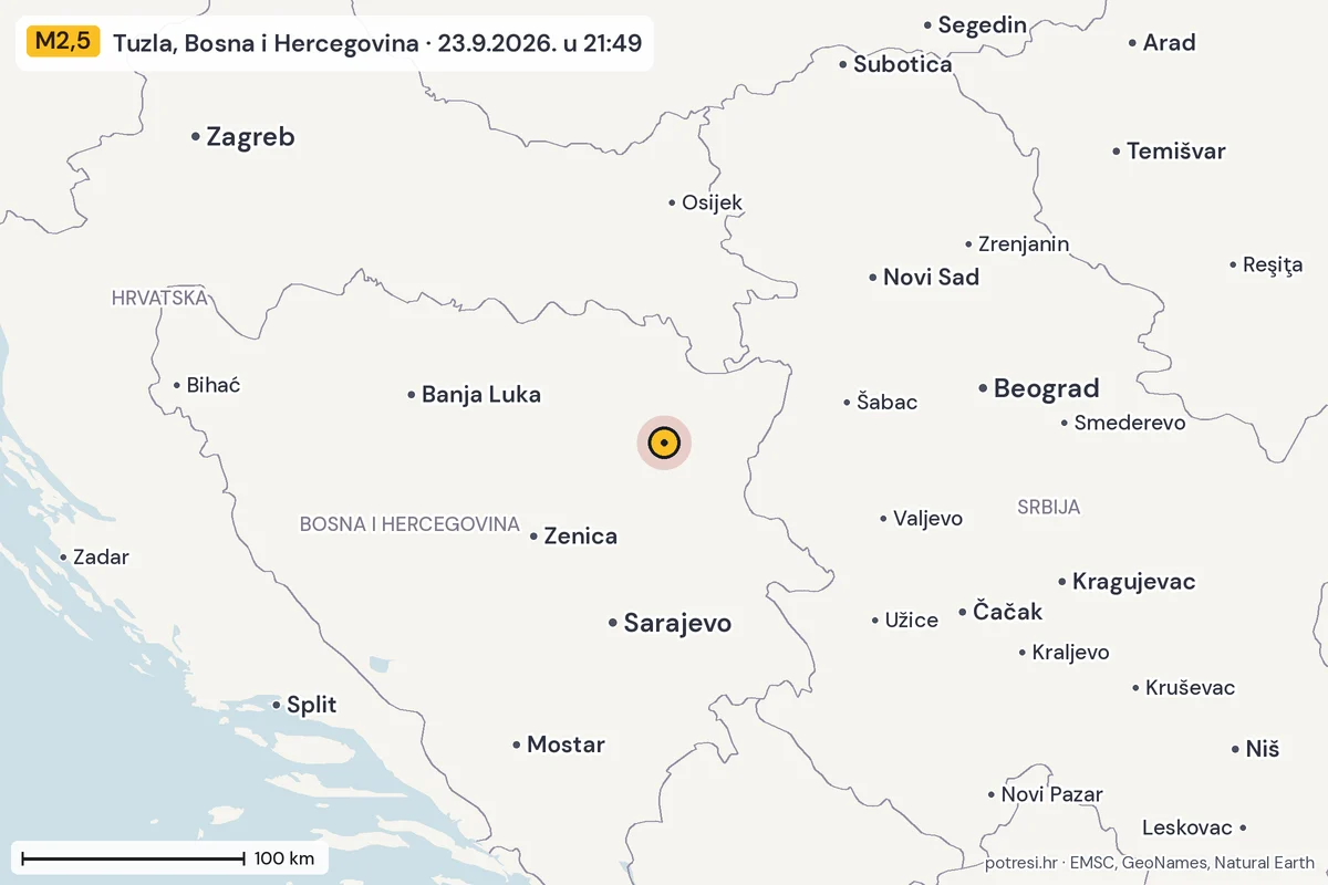 Karta: šire područje, 600 km, potres M2,5, Tuzla, Bosna i Hercegovina, 23.9.2026.