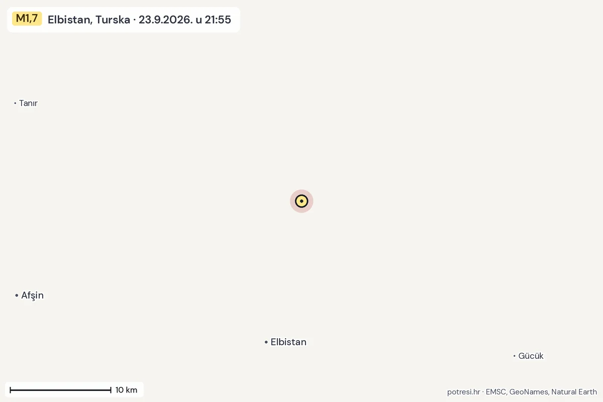 Karta: okolica epicentra, 60 km, potres M1,7, Elbistan, Turska, 23.9.2026.
