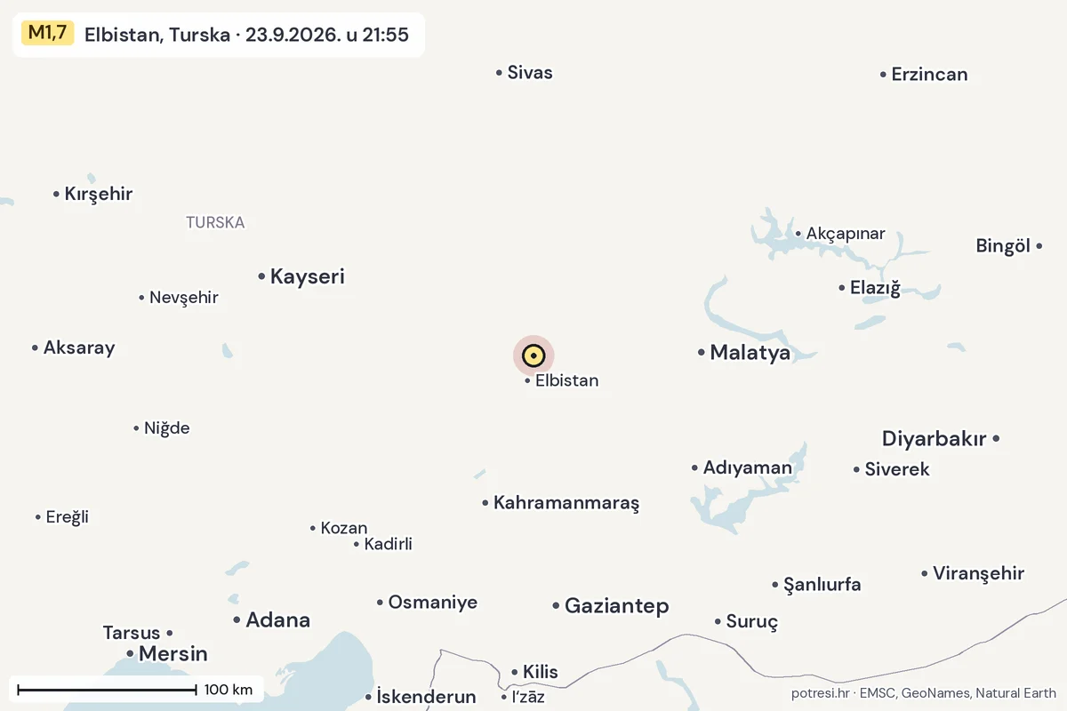 Karta: šire područje, 600 km, potres M1,7, Elbistan, Turska, 23.9.2026.