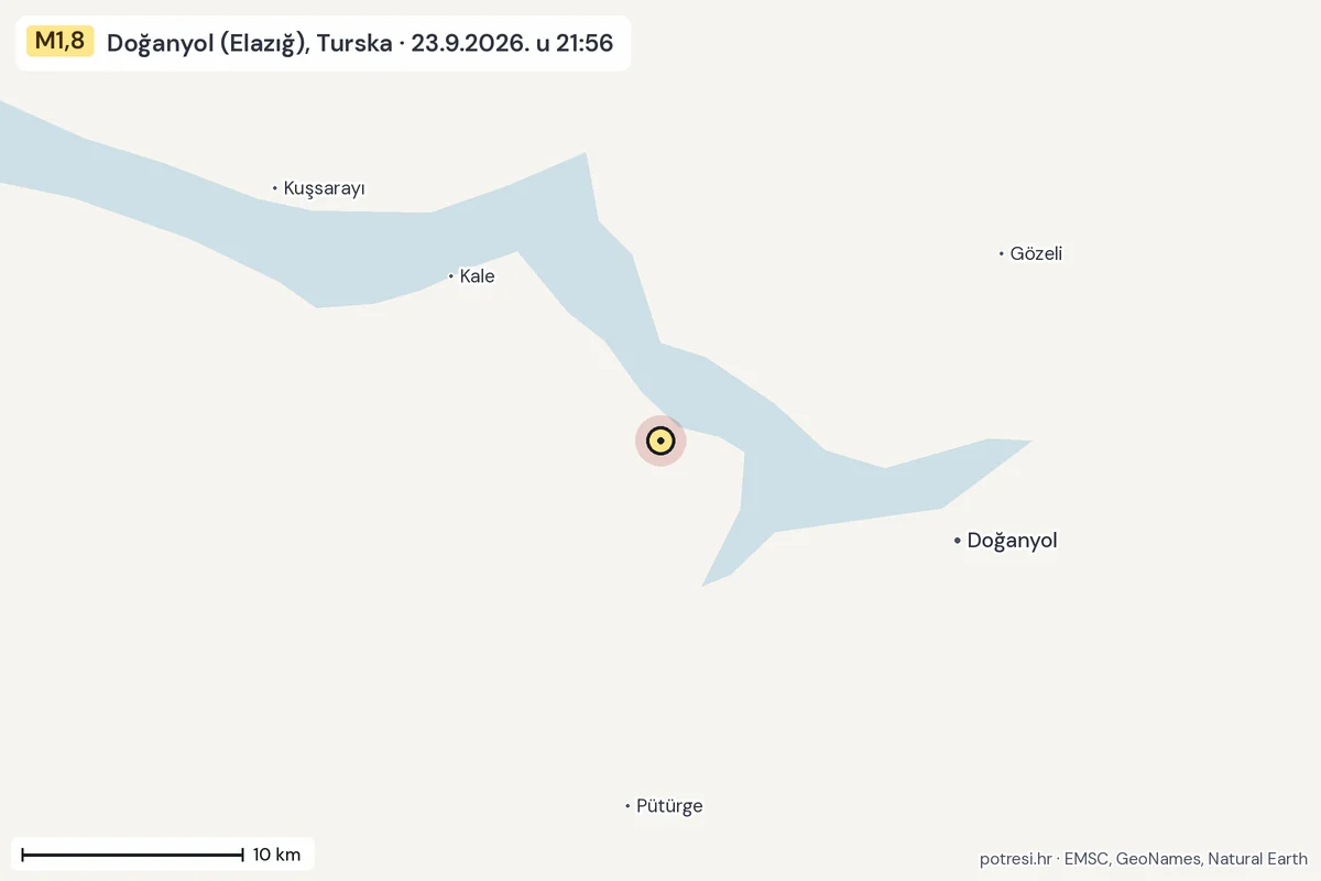 Karta: okolica epicentra, 60 km, potres M1,8, Doğanyol (Elazığ), Turska, 23.9.2026.