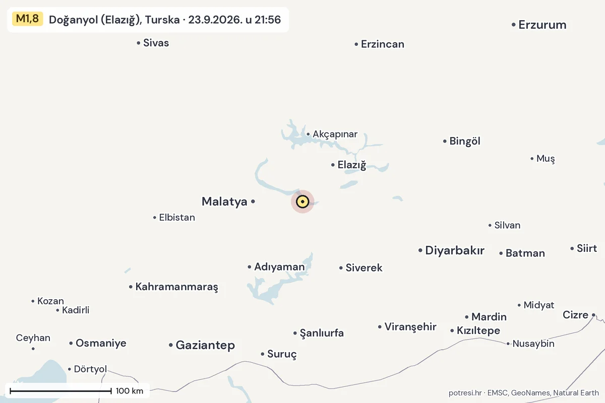 Karta: šire područje, 600 km, potres M1,8, Doğanyol (Elazığ), Turska, 23.9.2026.