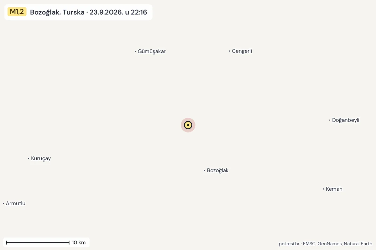 Karta: okolica epicentra, 60 km, potres M1,2, Bozoğlak, Turska, 23.9.2026.