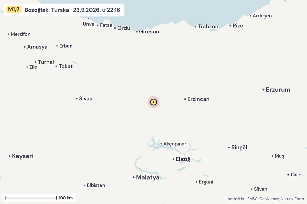 Karta: šire područje, 600 km, potres M1,2, Bozoğlak, Turska, 23.9.2026.