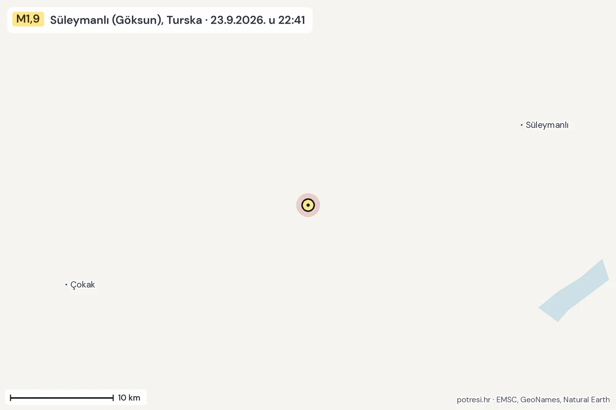Karta: okolica epicentra, 60 km, potres M1,9, Süleymanlı (Göksun), Turska, 23.9.2026.