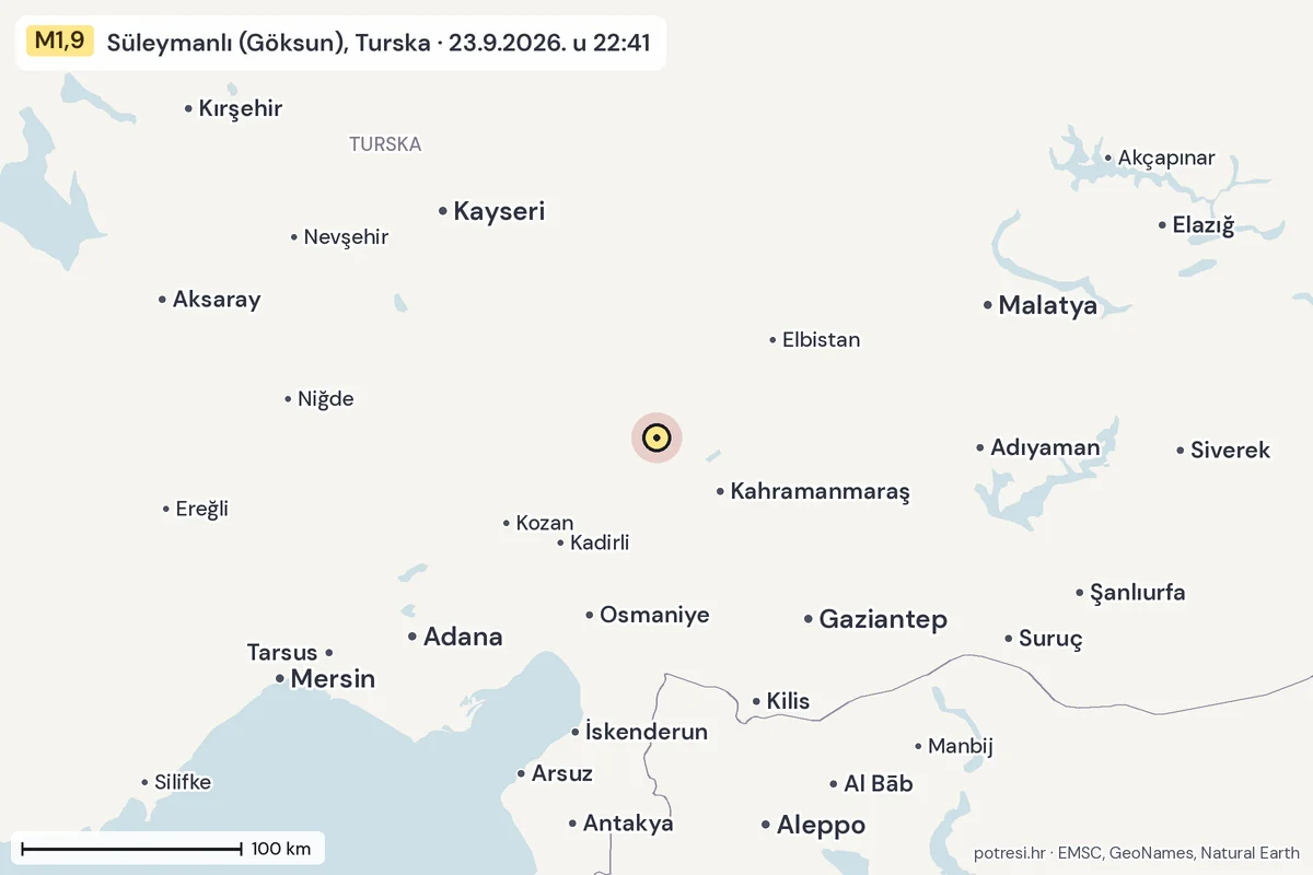 Karta: šire područje, 600 km, potres M1,9, Süleymanlı (Göksun), Turska, 23.9.2026.