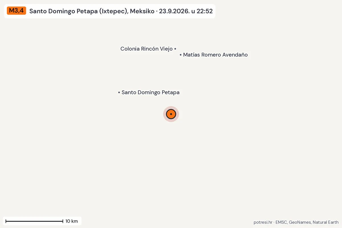 Karta: okolica epicentra, 60 km, potres M3,4, Santo Domingo Petapa (Ixtepec), Meksiko, 23.9.2026.
