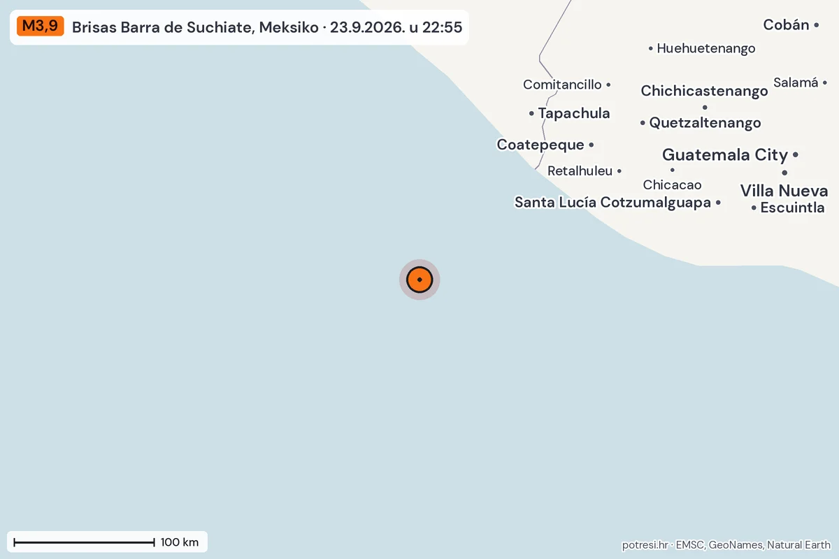 Karta: šire područje, 600 km, potres M3,9, Brisas Barra de Suchiate, Meksiko, 23.9.2026.