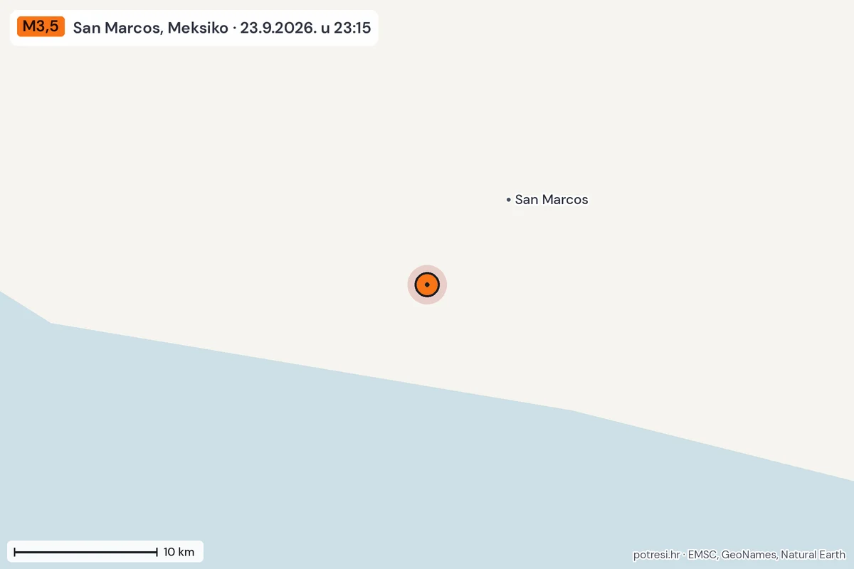 Karta: okolica epicentra, 60 km, potres M3,5, San Marcos, Meksiko, 23.9.2026.