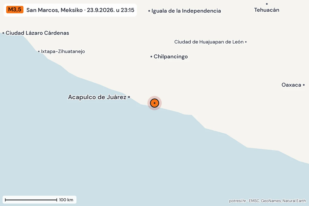 Karta: šire područje, 600 km, potres M3,5, San Marcos, Meksiko, 23.9.2026.