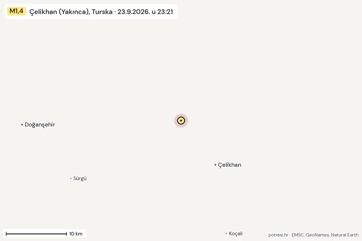 Karta: okolica epicentra, 60 km, potres M1,4, Çelikhan (Yakınca), Turska, 23.9.2026.
